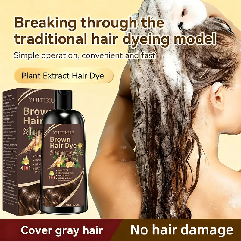 YUITIKUE Brown Hair Dye Shampoo 100ml - 4-in-1 Plant Formula, Covers Gray Hair with Natural Color, Easy & No Damage