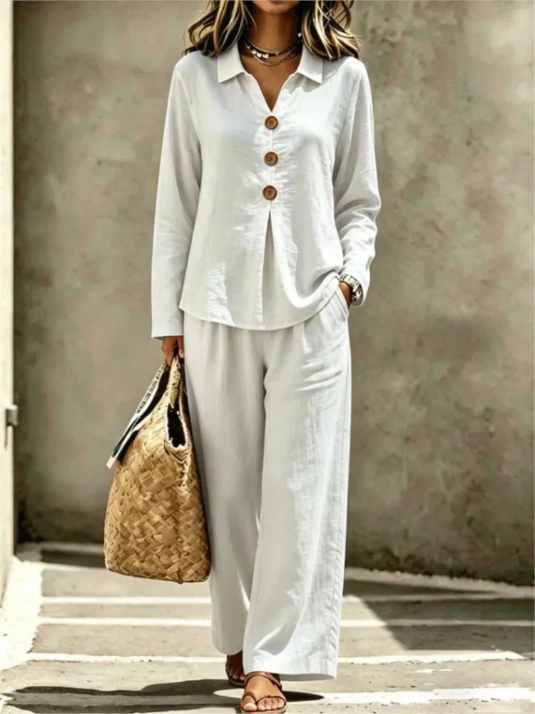 Women Solid Casual Two-piece Sets Autumn Lapel V-neck Button Long Sleeve Shirt Top & Wide-leg Pants Suit 2026 Commuting Outfits