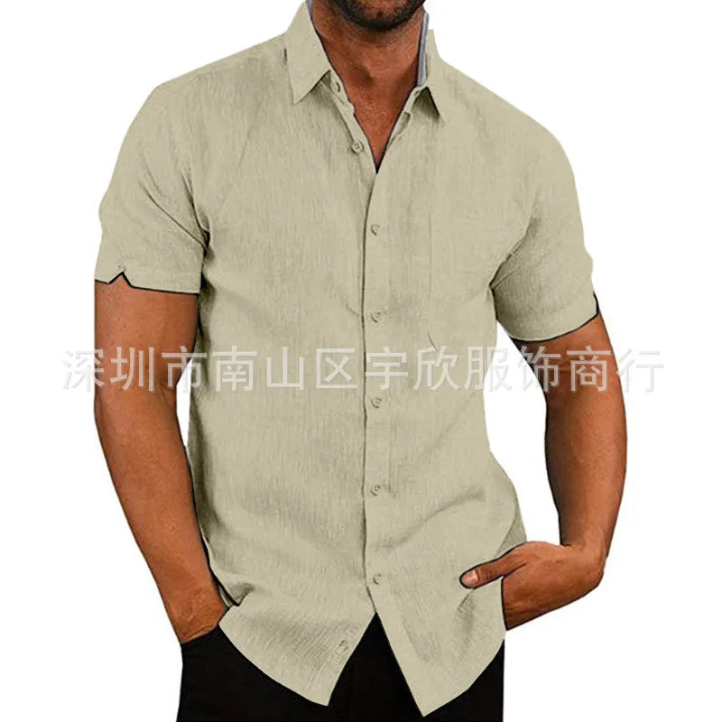 Men Pocket Blouse Tops Summer Male Turn Down Collar Button Short Sleeve Slim Solid Color Blouse Shirts YYCFS-19505