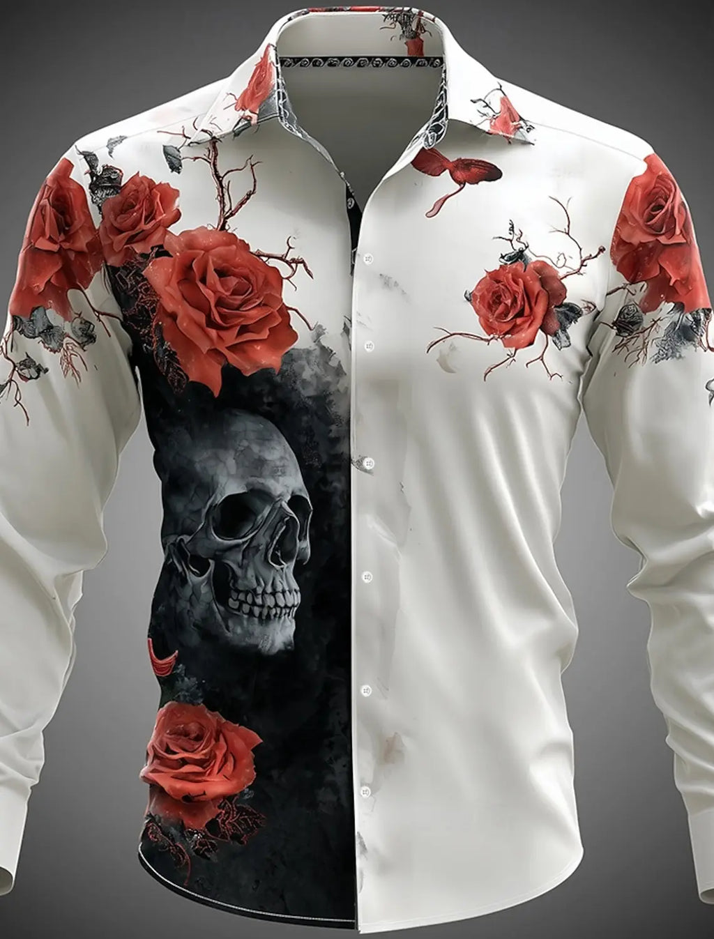 Skeleton Rose Skulls Men's Long Sleeve Shirt Button Up Shirt  Gothic Style Streetwear Turndown 3D Print Shirts Men Clothing