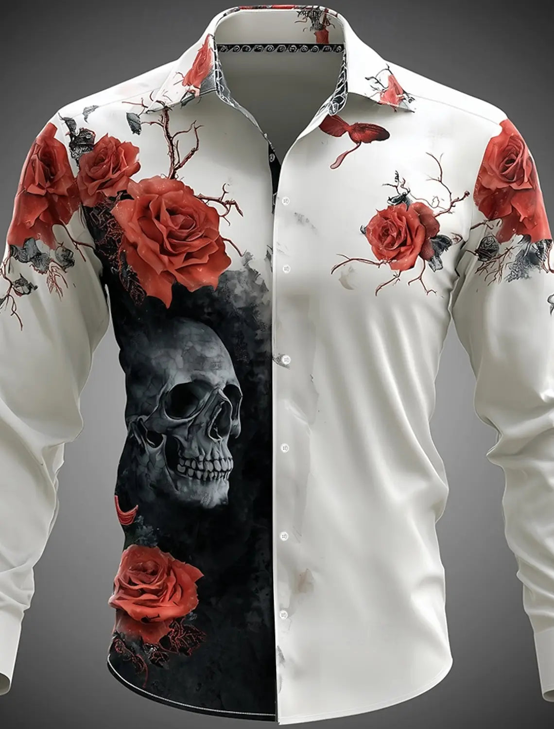 Skeleton Rose Skulls Men's Long Sleeve Shirt Button Up Shirt  Gothic Style Streetwear Turndown 3D Print Shirts Men Clothing