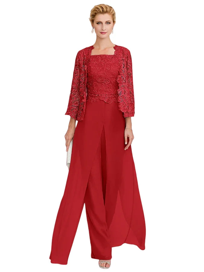 Jumpsuit Pantsuit 3 Piece Floor Length Sleeveless Square Neck Elegant Formal Wedding Guest Chiffon Mother of the Bride Dress