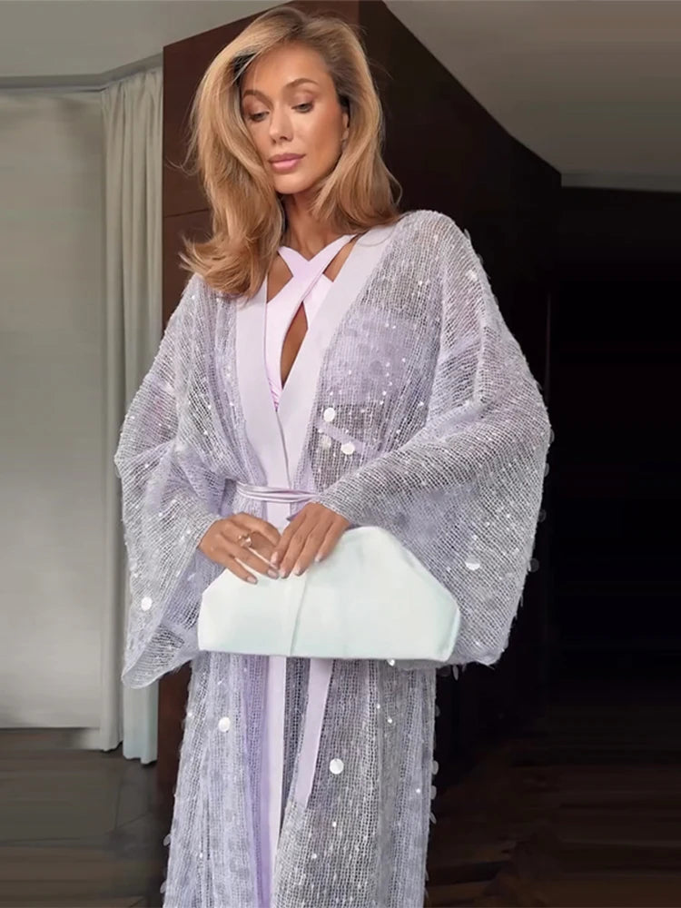 Sequined Hollow Out Long Dress Women Sexy V-neck Full Sleeve Mesh Patchwork Lace Up Cardigan Party Evening Dresses New Beachwear