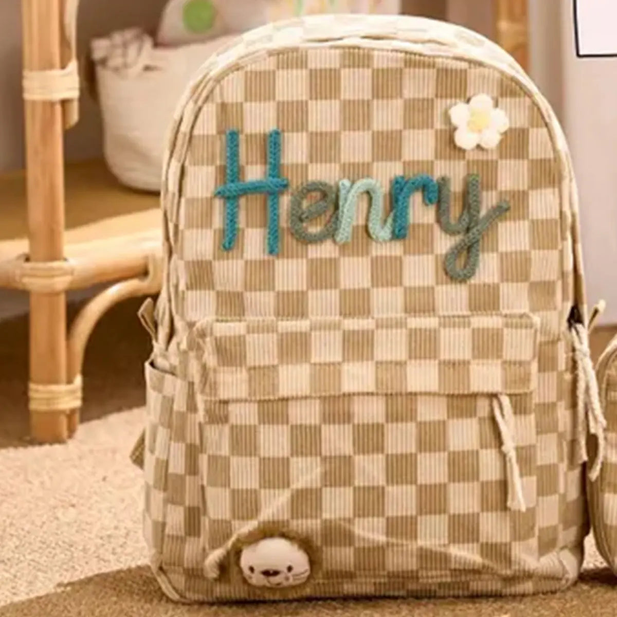 1pc Personalized Corduroy Backpack, Strawberry/Checkered Pattern, Simple and Spacious, Perfect Back-to-School Gift