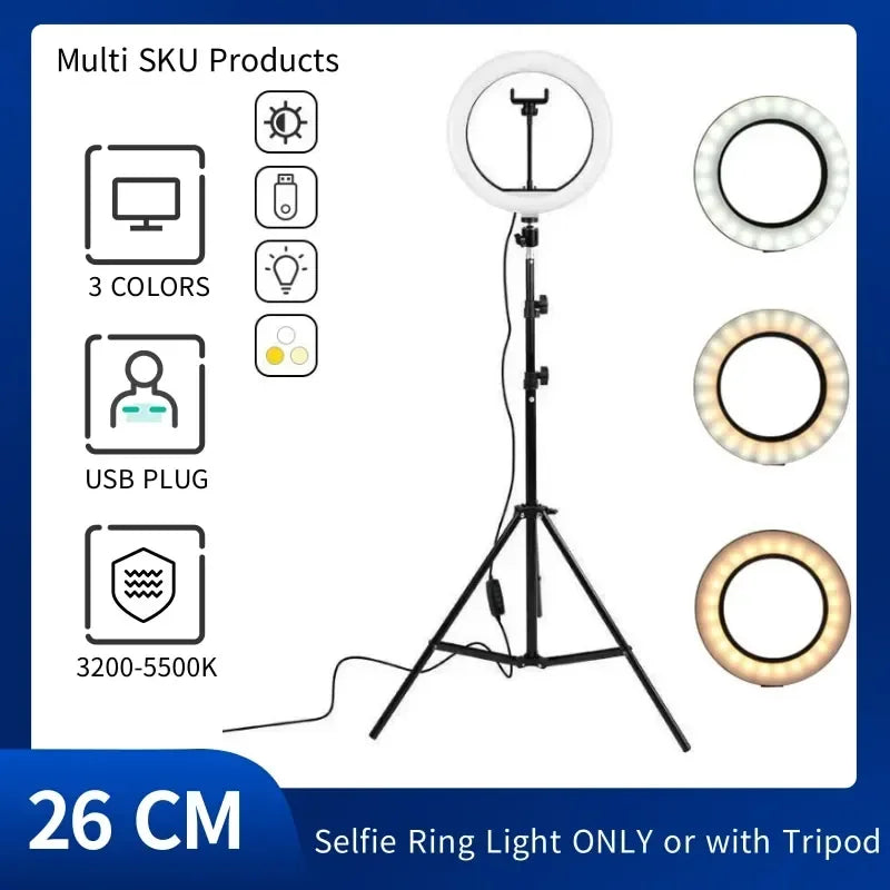 10" LED Selfie Ring Light Home Stuido Lighting Dimmable Round Lamp Tripod Trepied Makeup Selfie Ring Lamp Phone LIGHT FOR VIDEO