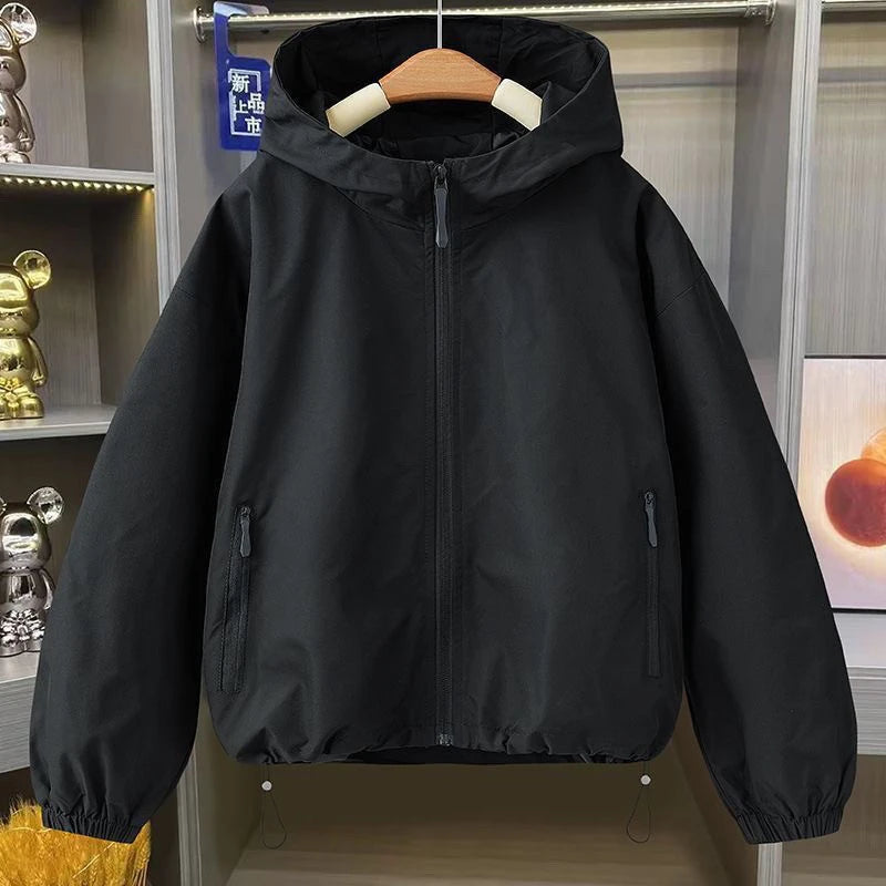 2026 Autumn Women's Coat Hooded Jacket Long Sleeve Zipper Pockets Casual Windbreaker Basic Jackets Outerwear Splicing Hooded E25