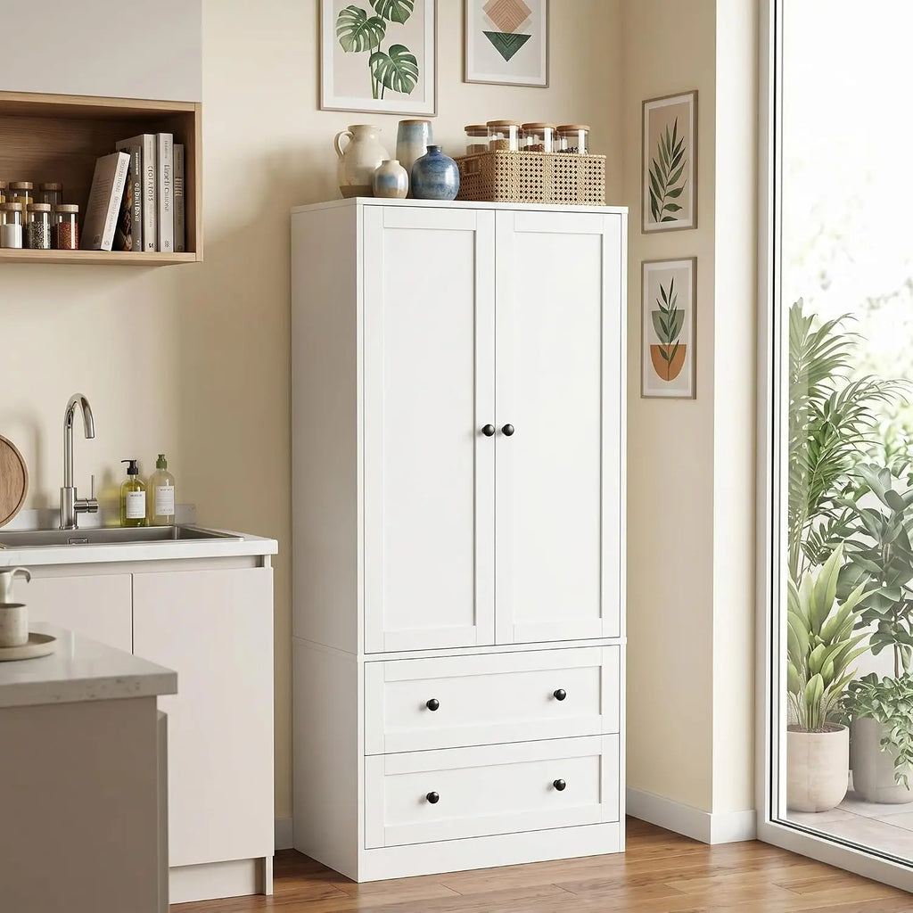 Tall White Kitchen Pantry, Storage Cabinet with Doors and Drawers, Freestanding Wooden Organizer for Kitchen, Customized