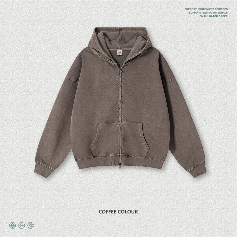 ZODF Heavy Wieght 480gsm Washed Cotton Boxy Zipper Hoodies For Man Unisex Retro Patchwork Off Shoulder Hooded Coats HY1152