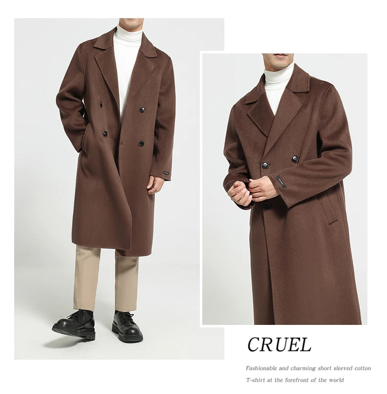 Men's 100% Cashmere Thick Double-Sided Extended Coat, Classic and Versatile Fashion for Business and Leisure
