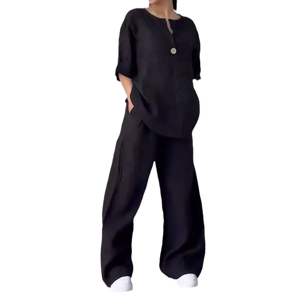 Fashionable and elegant women's suit Simple and casual Solid color comfort Short shirt high waisted loose pants two-piece set