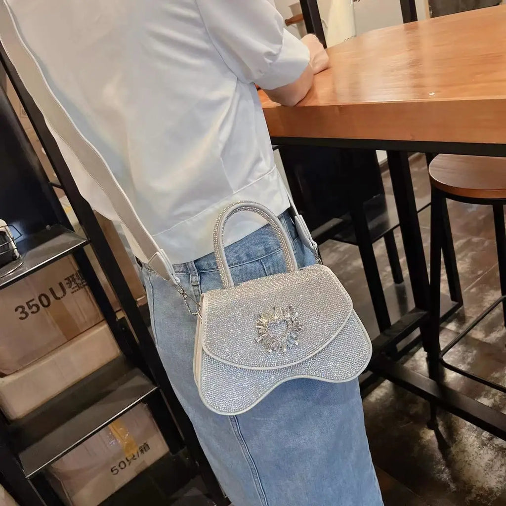 Luxury Women Handbag Glitter Shiny Rhinestones Diamonds Evening Bag Wedding Party Clutch Purse Wide Strap Shoulder Messenger Bag