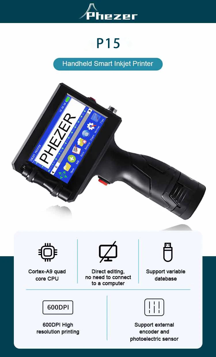 Phezer P15 12.7/25.4mm Handheld Inkjet Printer 28 Languages QR Code Barcode Batch Code Date Marking Expiration Date Coder
