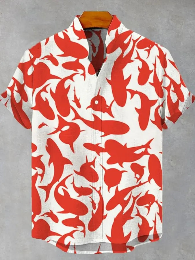 Men's Summer Casual Art Fish Pattern Printed Linen Short Sleeved Shirt, Comfortable And Fashionable Button Up Men's Top