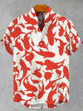 Men's Summer Casual Art Fish Pattern Printed Linen Short Sleeved Shirt, Comfortable And Fashionable Button Up Men's Top