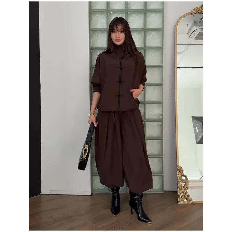 Coffee Tang Suit Two Piece Set Mandarin Collar Frog Button Top Wide Leg Cropped Pants Sets Lady Chic Retro Oriental Daily Wear