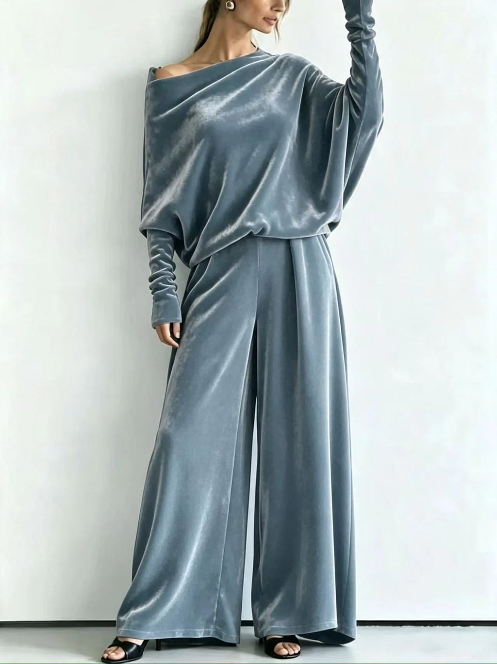 Women's Suit Two Piece Pants Set One Shoulder Batwing Sleeve Velvet Wide Leg Trousers Loose Fit Autumn Winter Tracksuit