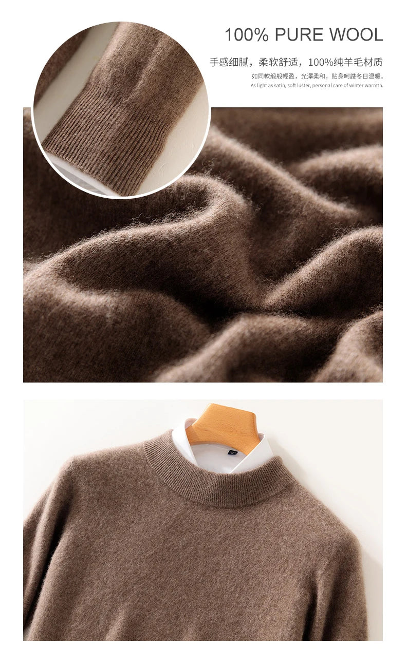 Autumn and Winter Half-high Neck 100% Pure Wool Men's Long Sleeve Leisure Sweater Knitwear