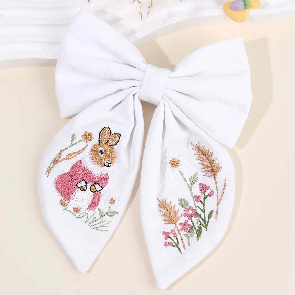 Rabbit Embroidery White Bow Hair Clip Sweet Girls Bunny Bowknot Hairpin Handmade Fabric Kids Cute Headdress Headwear Accessories