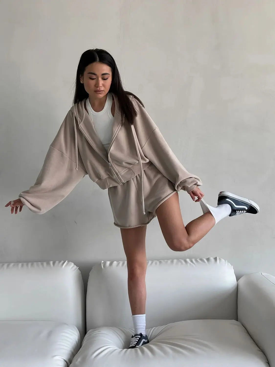 Women's Outfit Long-Sleeve Hooded Drawstring Sweatshirt Shorts Set Two-Piece Sets Sports Suit Sportswear Streetwear Trendy