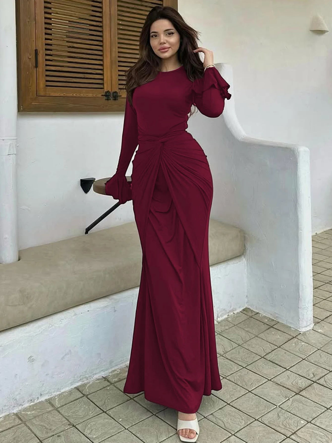 Dulzura O-Neck Long Flare Sleeve Ruched Lace Up Slim Long Dress Women'S Fashion Elegant Clothes Party Club Street Autumn Outfit