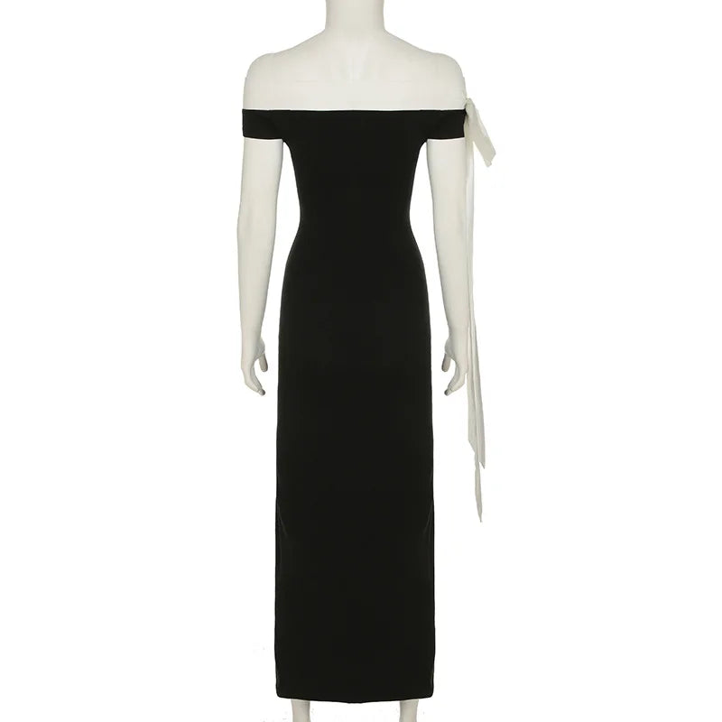 Hmsevenjz Black and White Bow Off Shoulder Long Dress for Women's Summer Sexy Slim Fit Short-sleeved Elegant Dress