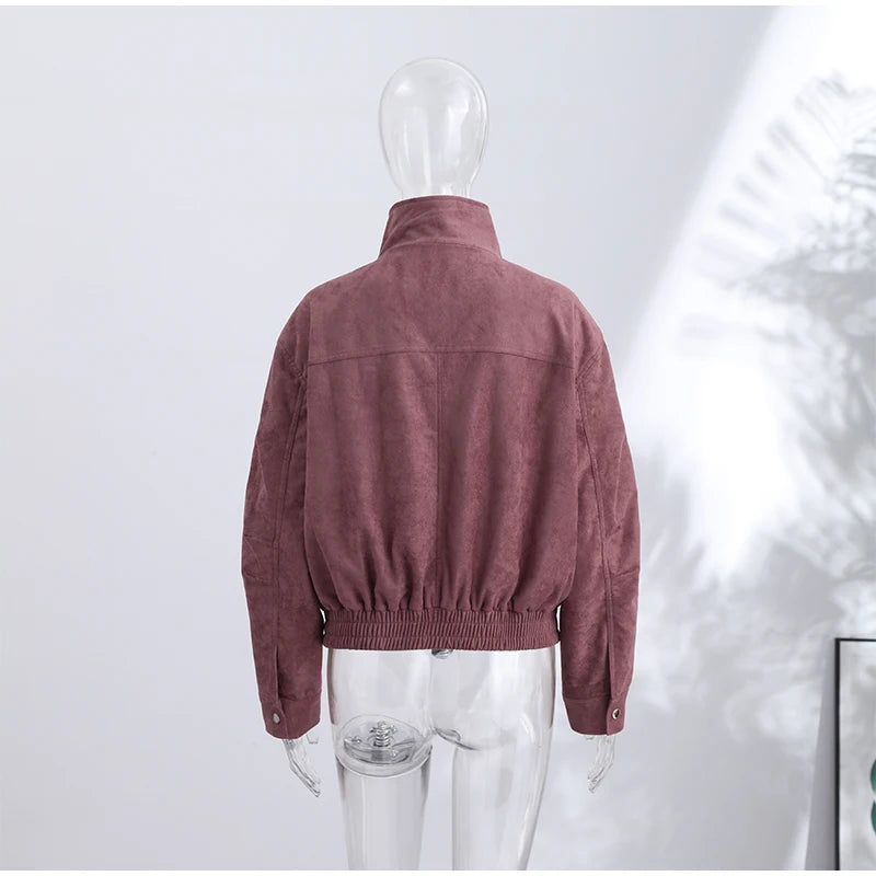 Women Dusty Faux Suede Bomber Jacket Stand Collar Zip Up Loose Drop Shoulder Elastic Hem Casual Fall Outerwear 2026 Fashion Coat
