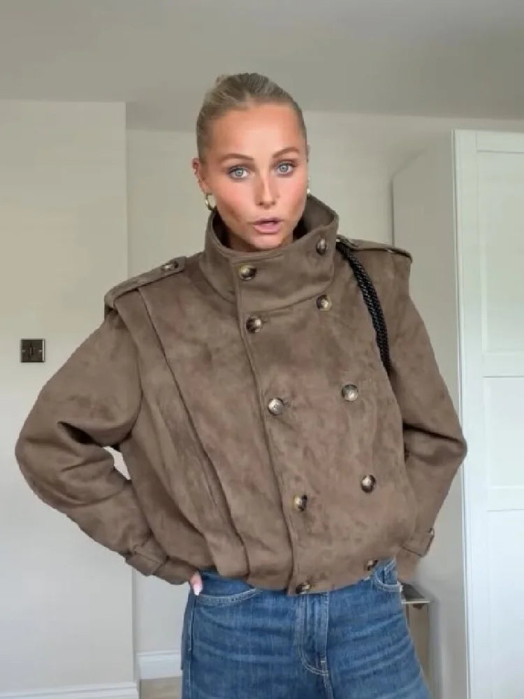Trendy Stand Collar Cropped Jacket Fashion Double Breasted Long Sleeve Chic Commute Coat 2026 Autumn New Daily Casual Streetwear