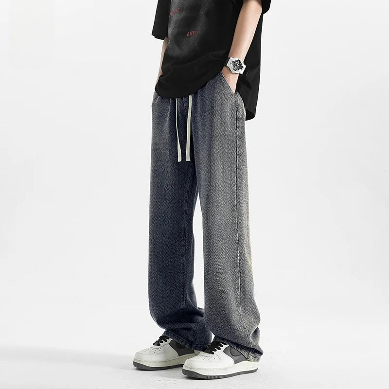 American Retro Dstring Jeans Loose Straight Casual Pants High Street Vibe Wide Leg Summer New Sle for Men Youth Faion