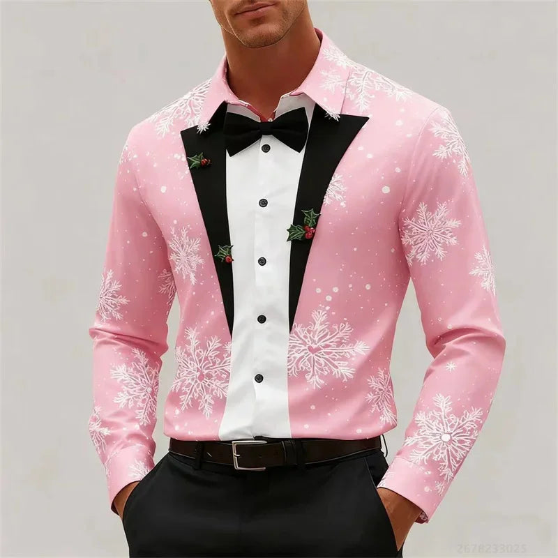 Men's Christmas long-sleeved shirt, 3D high-definition printed Christmas tree pattern, lapel button men's shirt, party wear