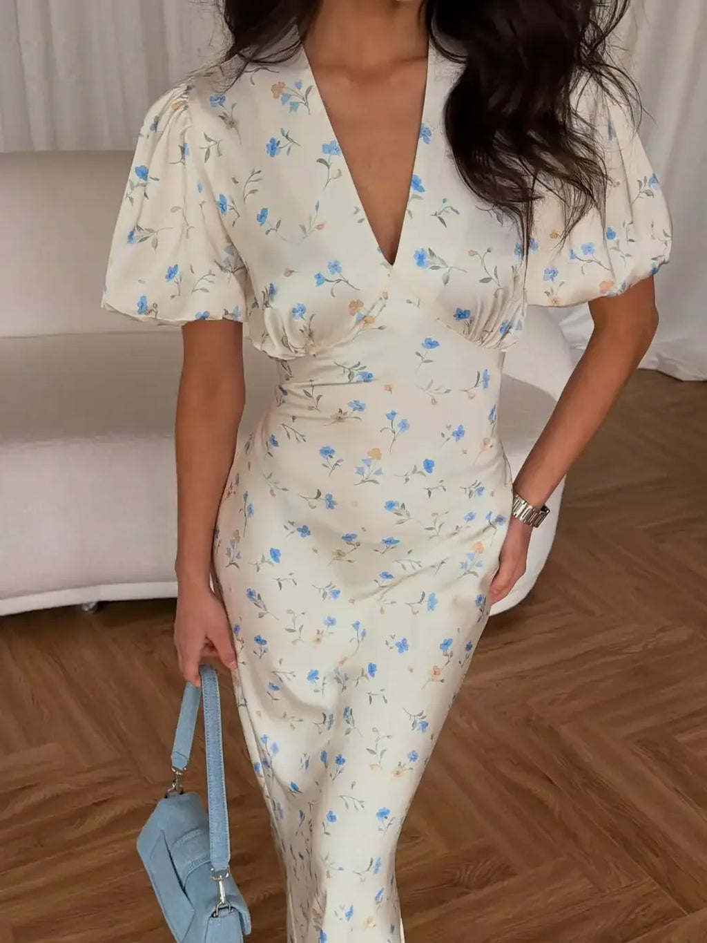 Elegant Printed V-neck Maxi Dress Women Fashion Satin Puff Short Sleeve High Waist Slim Long Dresses 2026 Summer Lady Party Robe