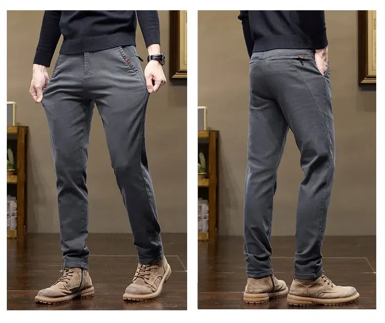 Korean Fashion Fleece Men's Casual Pants Slim Straight Youth Warm Trousers Thickened Thermal Stretch Male Clothes Trendy Brand