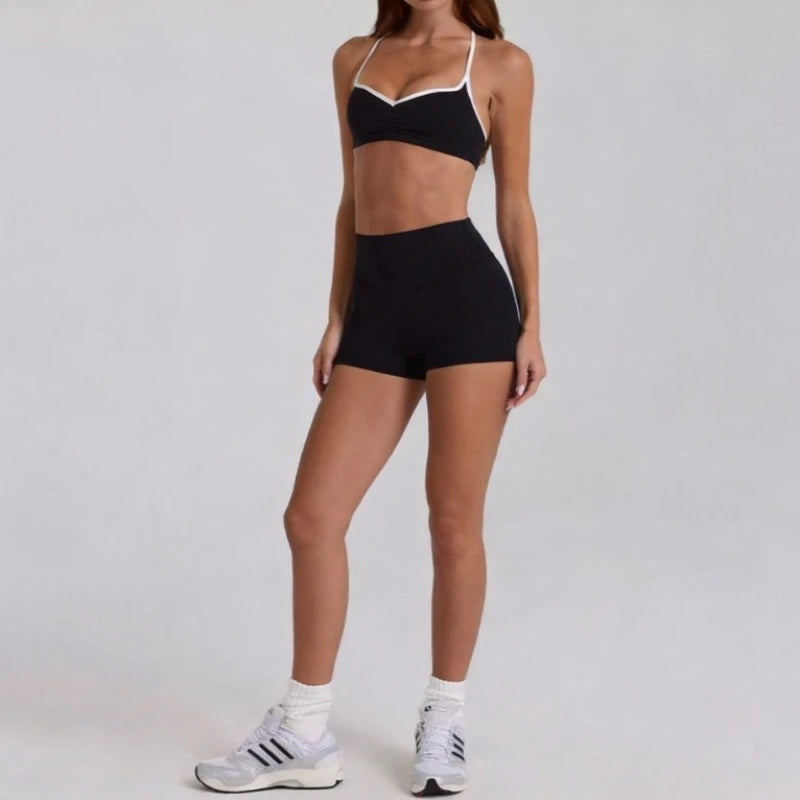 Women 2 Piece Yoga Set Ruched Front T Back Sports Bra High Waist Leggings Soft Stretchy Nude Fabric Gym Running Workout Outfit