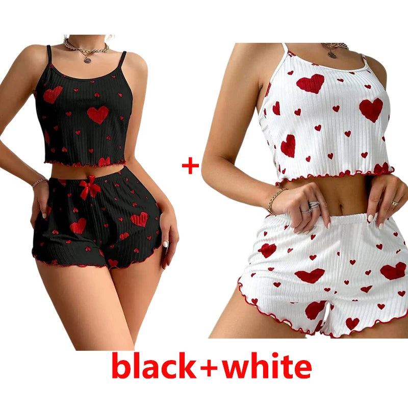 2 Pieces Set Women'S Pajama Shorts Suit Homewear Print Underwear Sexy Lingerie Camisoles Tanks Nighty Ladies Sleepwear Summer Pa