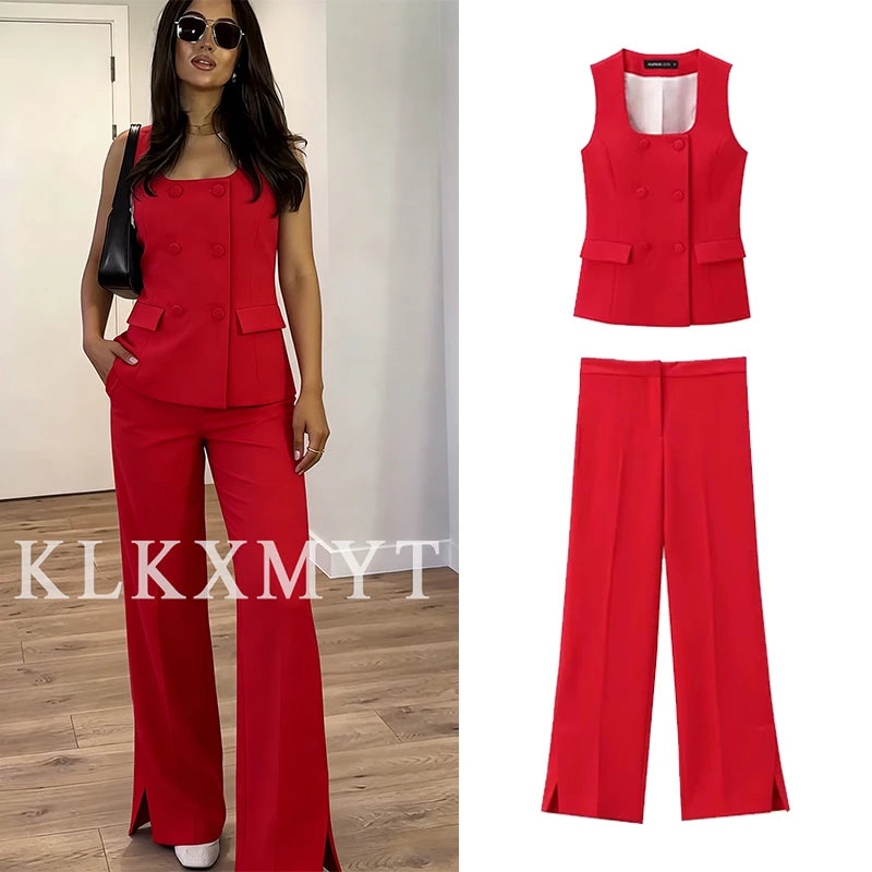 Women 2 Pieces Sets New Fashion Office Vest Top+Split Straight Leg Pants Women's Suit Formal Two Piece Set Women Outfit