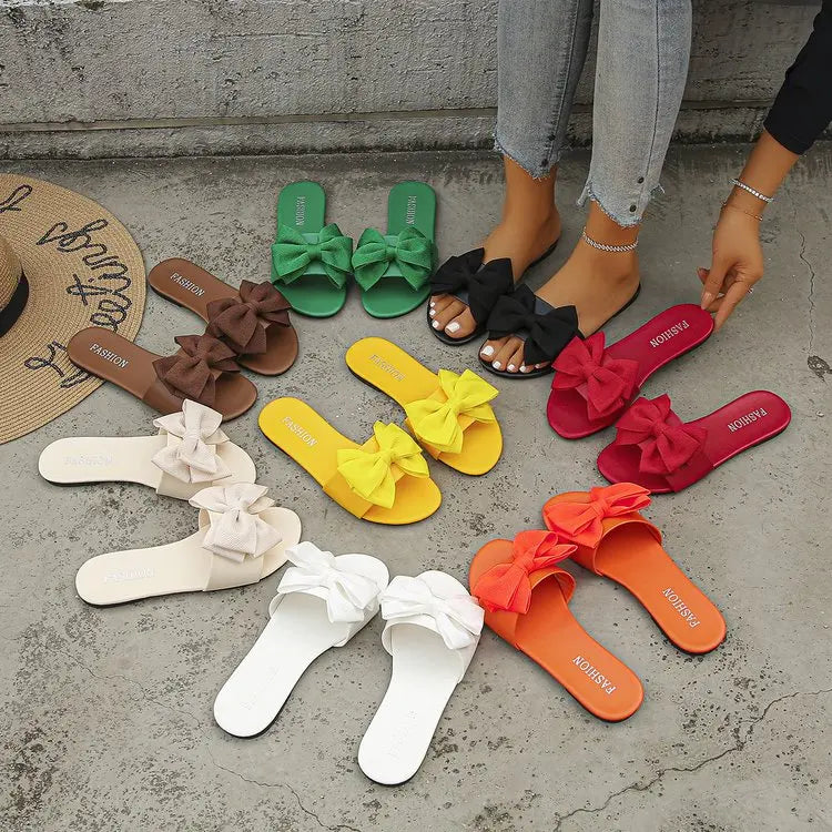 Womens Slip on Flat Sandals Big Bowknot Wide Strap Slides Mules Open Toe Casual Sweet Summer Beach Comfort Daily Walking Shoes