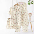 Fashion Autumn 3 Piece 100%Cotton Pajamas Set Short sleeved pants and shorts  Homewear Lapel Collar Loungewear Pijamas