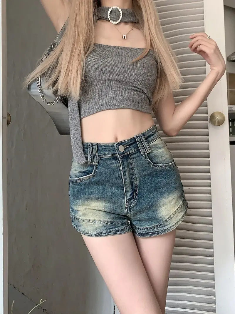 Retro Washed Denim Shorts for Women High Waist Slimming Hot Pants Mini Skirt Y2K Style Summer Fashion Small Stature Sexy Look