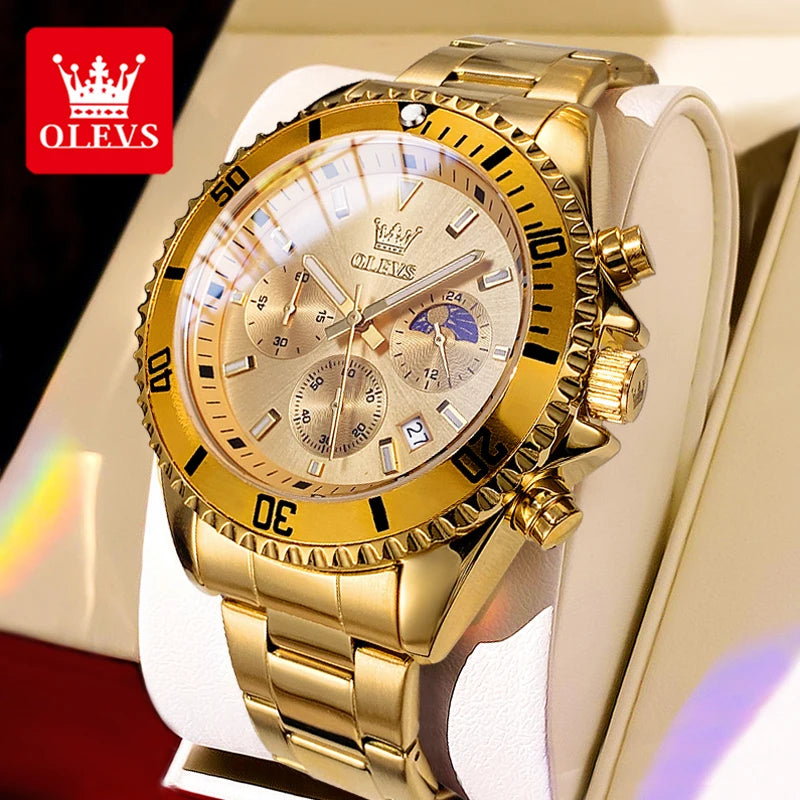 OLEVS 2870 Gold Men Watch Luxury Original Diving Series Men Watch Calendar Moon Phase Chronograph Sport Men Quartz Watch Gift