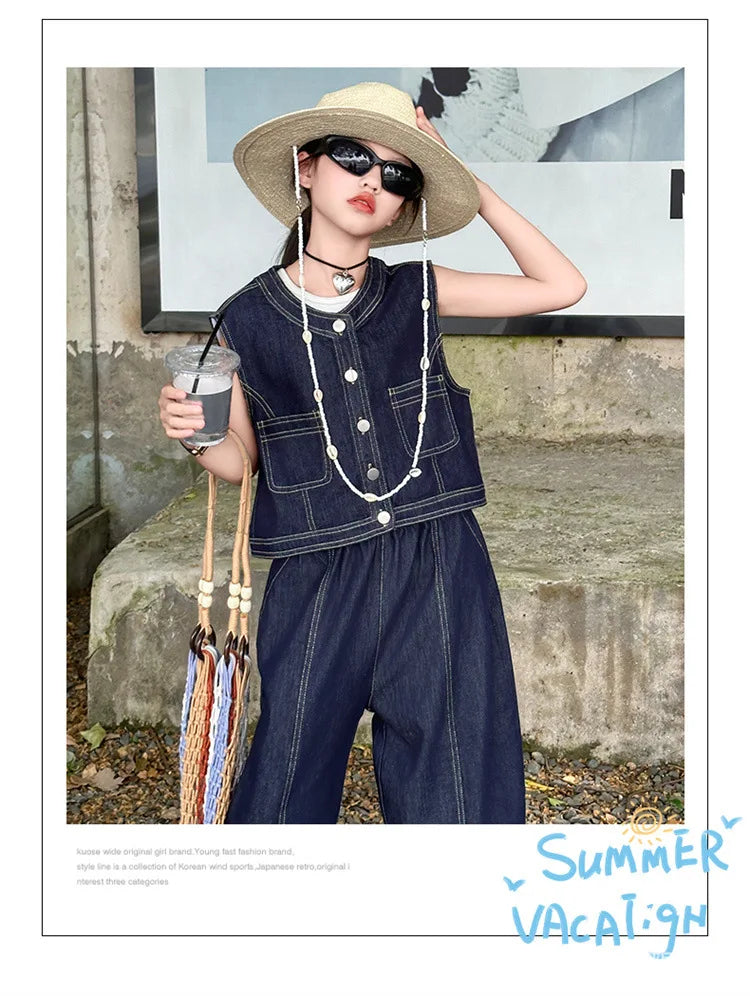 Summer teen Girls Denim Set 2024 Child Sleeveless Cowboy vest+Wide leg pants Two Piece junior kid jeans suit child outfits 10 12