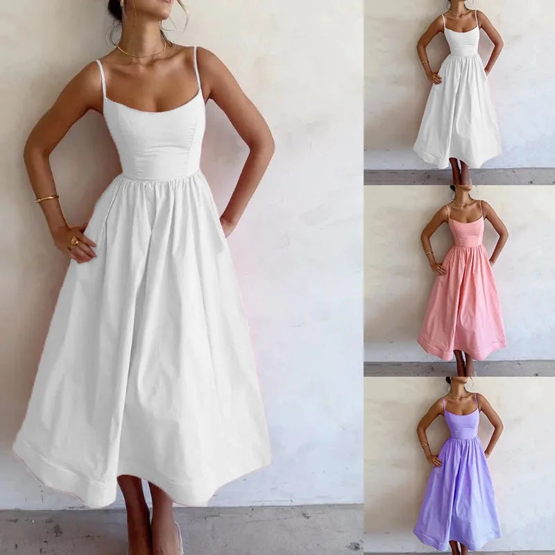 KIDCRKJ Women's U-neck Summer Dress Elegant Sleeveless Camisole Slim Pleated Sundress Loose Host A Performance Party Long Dress
