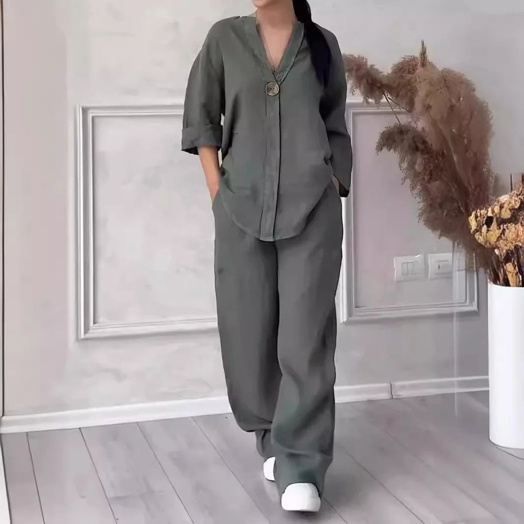 Casual Solid Color Pullover Long Pants 2-piece Set Women's Cotton and Linen Pants Suit White Pink