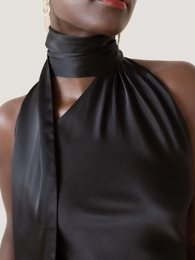 VGH Patchwork Formal Dresses For Women Halter Collar Off Shoulder Sleeveless High Waist Backless Satin Mini Dress Female Style