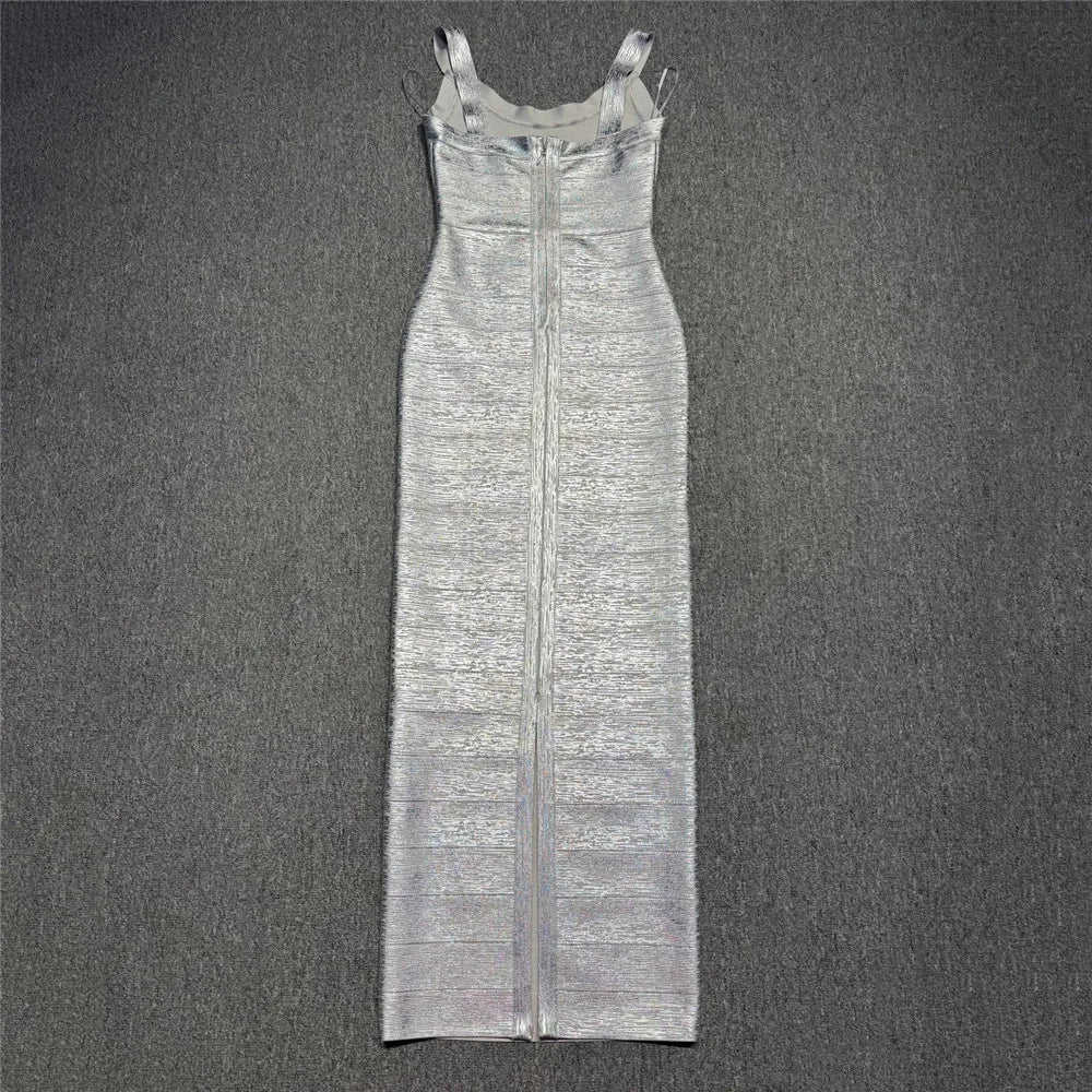Fashionable Hot Stamping Women Spaghetti Strap Bandage Dress Celebrity Party Maxi Dresses