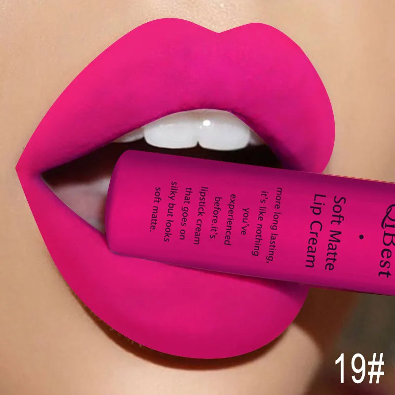QIBEST Velvet Matte Nude Liquid Lipstick Makeup Sexy Red Lipgloss Waterproof Long-lasting Purple Black Orange Lip Stain Cosmetic
