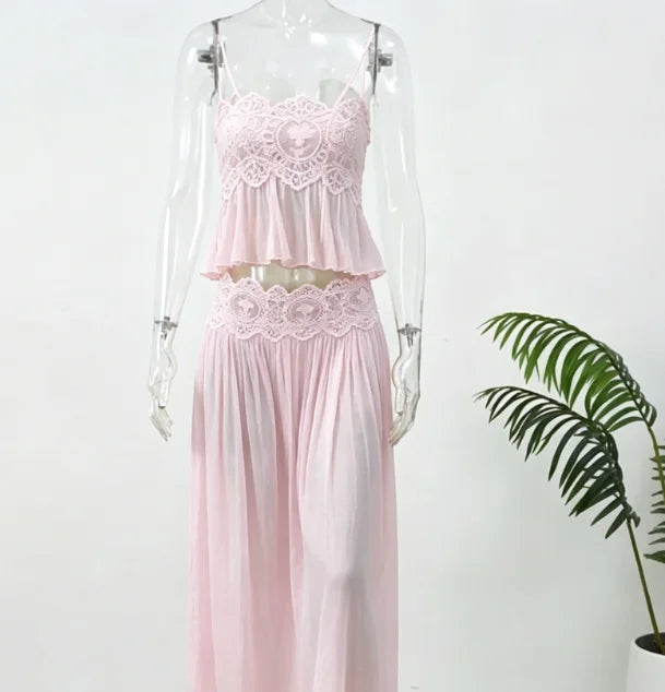 Women Pink Lace Double Strap Crop Top Two Piece Set Boho Sleeveless Flowy Matching Outfit 2026 Seaside Vacation Casual Outfits