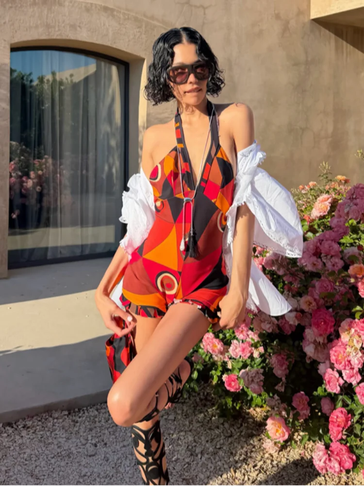 Sexy Print Women's Playsuit Beach Halter Backless Pleated Sleeveless V-neck Jumpsuit Women 2026 Summer Vacation Lady New