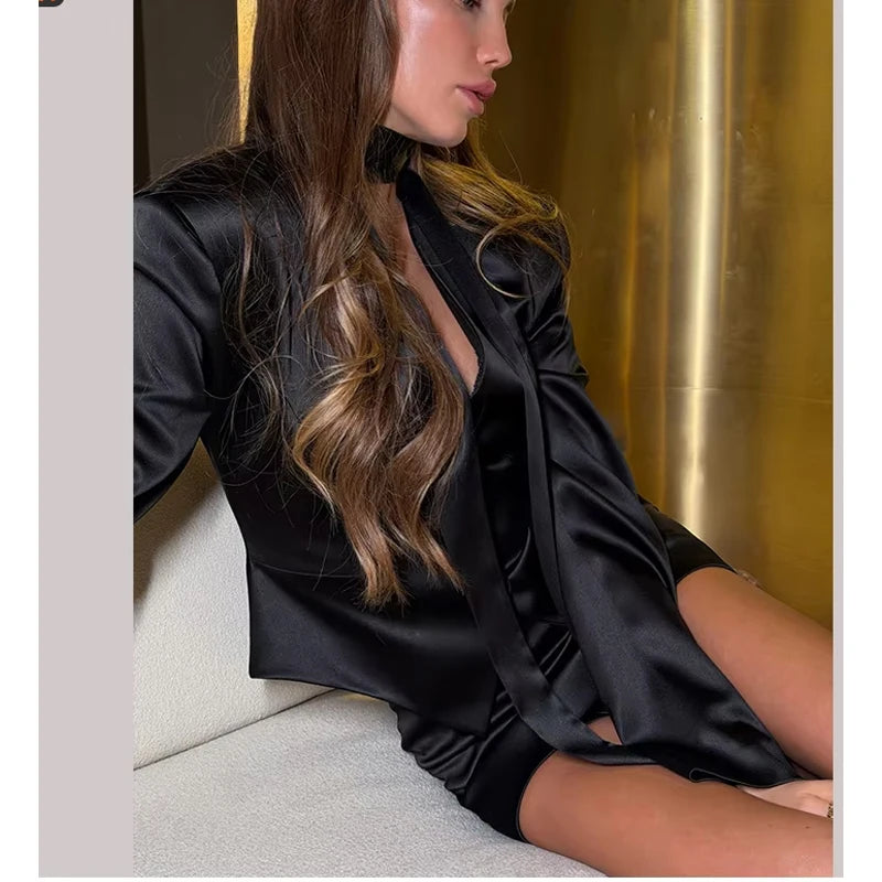 Solid Lapel Shirts 2 Piece Sets Women Chic Lapel Hollow Out Blazer Wrap Hip Slim Fit Mini Skirts Suits 2026 Lady Daily Wear New
