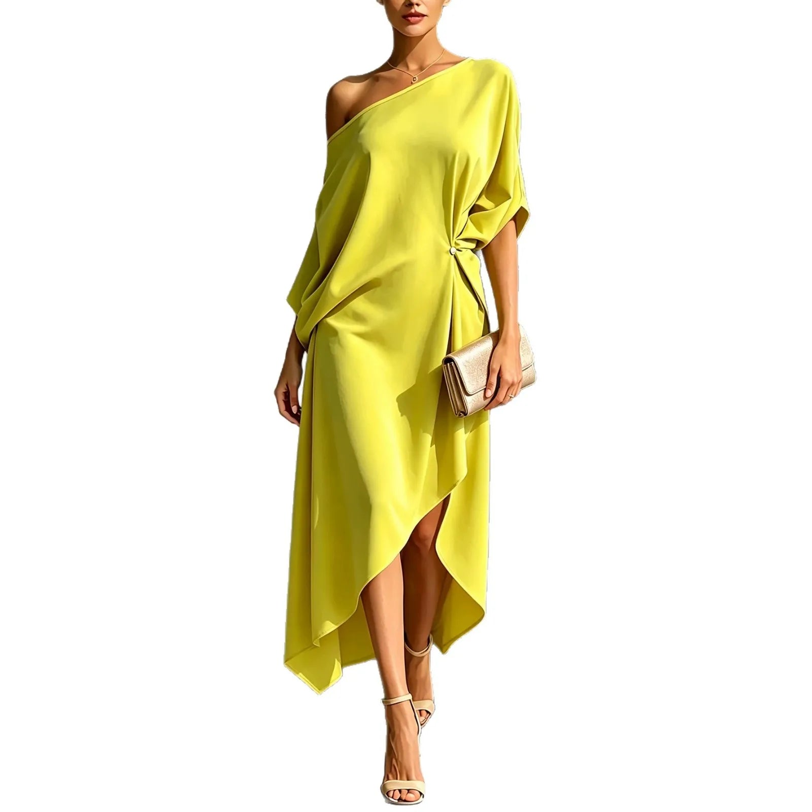 Women Summer Elegant Off Shoulder Half Sleeve chic Dress Batwing Sleeves Irregular Button Design Vintage Casual Holiday Dresses