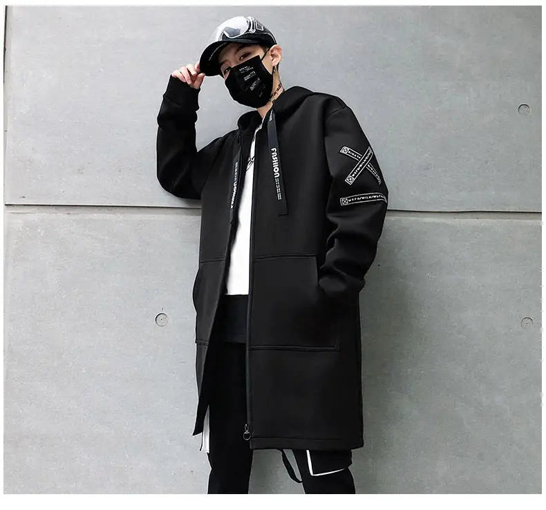 2025 Mens Hooded Trench Coat Mid Long Windproof Jacket Outerwear Autumn Winter New Fashion Windbreaker Coat Parka Male
