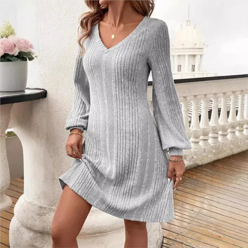 Evening Dress Autumn Winter Knitted Dress Women's V-neck Long-sleeved Slim New Solid Color Dress Vestidos De Mujer Robes Courtes